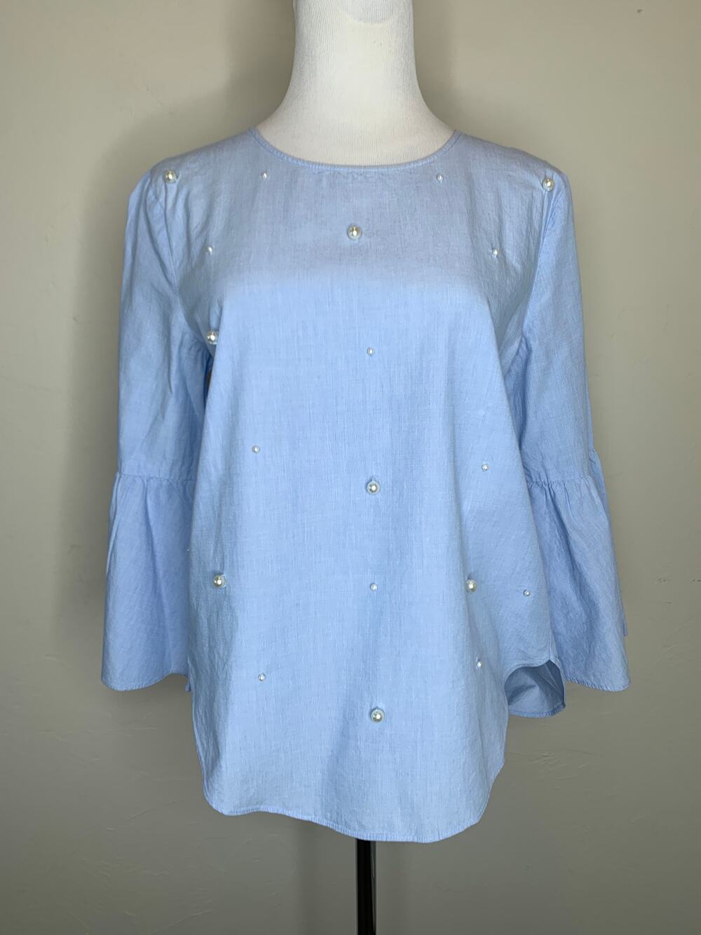 LOFT Blue Pearl Embellished Popover Blouse Sz Small